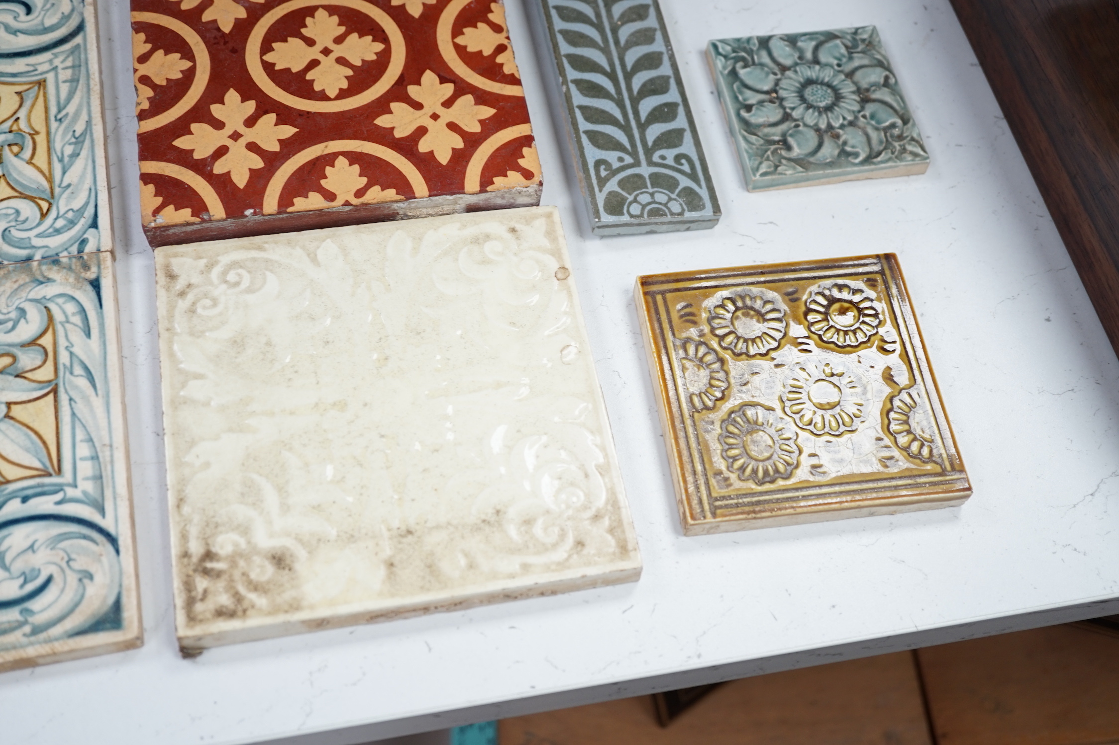 A quantity of various 19th century and later tiles including Mintons, William Brownfield etc, largest 15 x 15cm